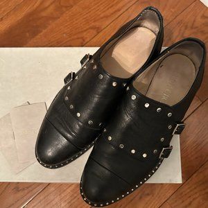 JIMMY CHOO BLACK LEATHER STUDDED LOAFERS WITH 2 SIDE BUCKLES